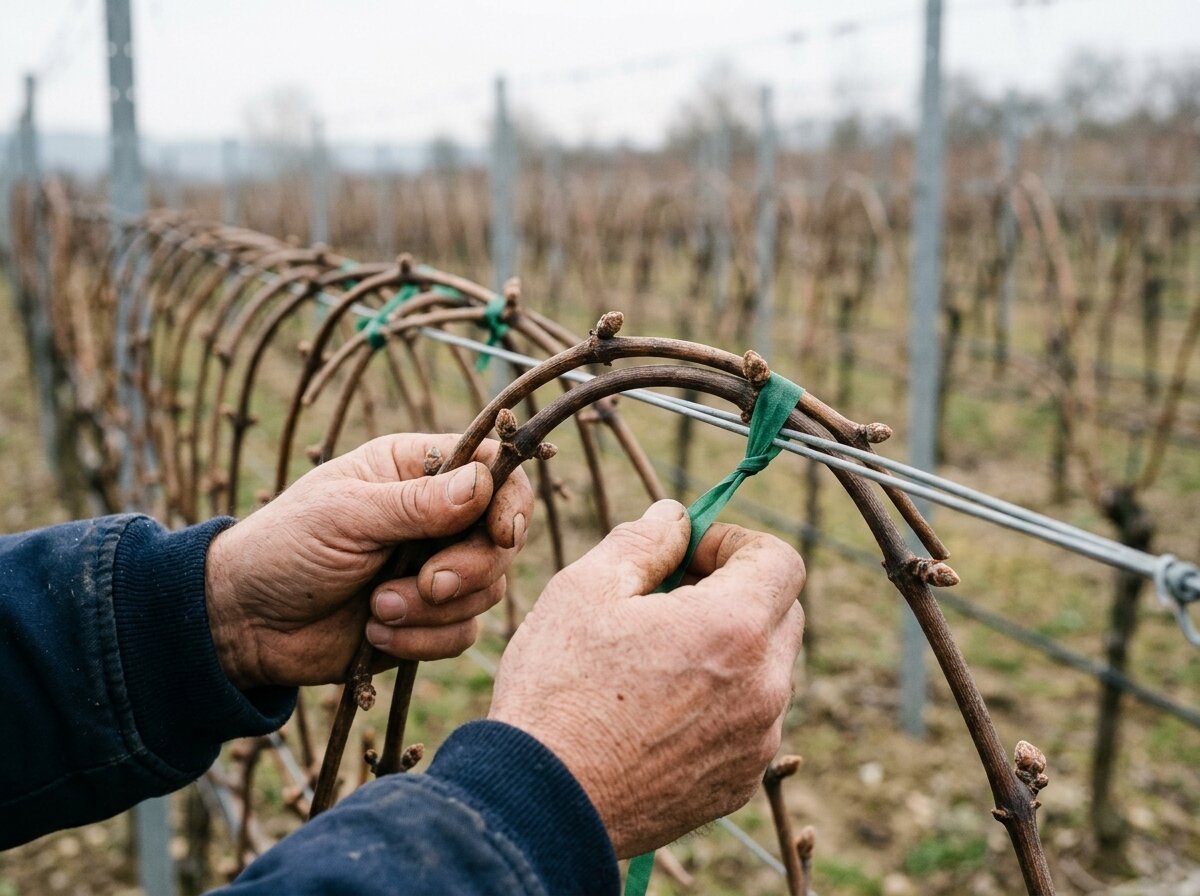 Mani esperte che legano un tralcio al filo del vigneto